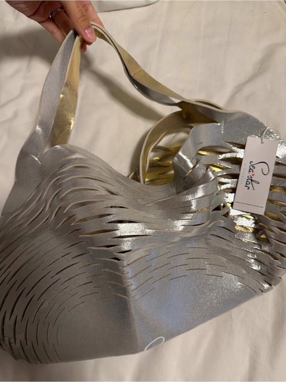 See By Chloe Metallic Silver Fringe Tote with Gold Interior